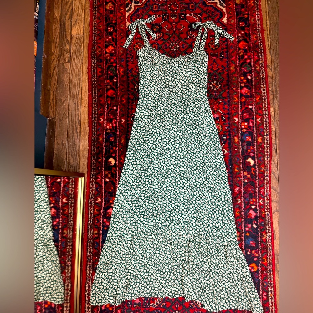 Reformation tie shoulder printed maxi dress
